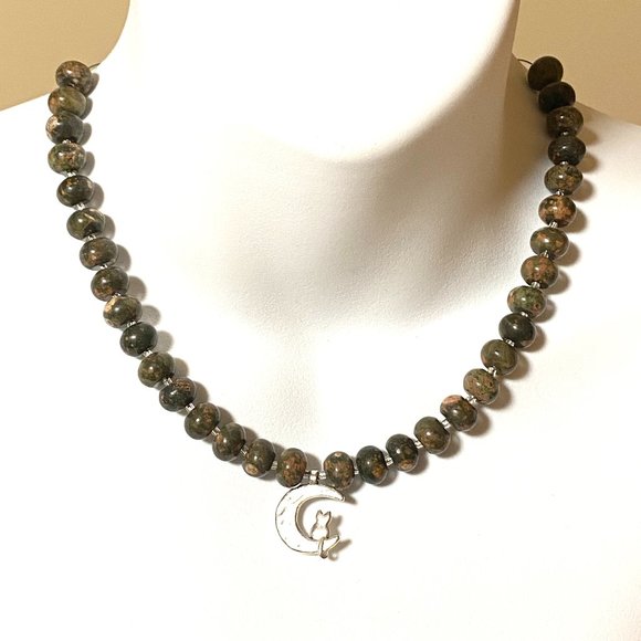 Unakite Stone Silver Cat on the Moon Necklace, Genuine Gemstone Beaded Necklace - Picture 1 of 9